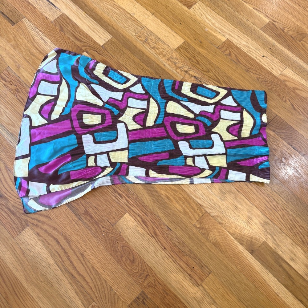 Vintage Style Abstract Geometric Micro Pleated Oblong Scarf Turquoise Magenta
